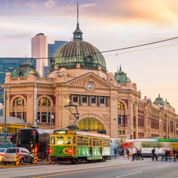Melbourne,Flinders,Street,Train,Station,In,Australia,At,Sunset